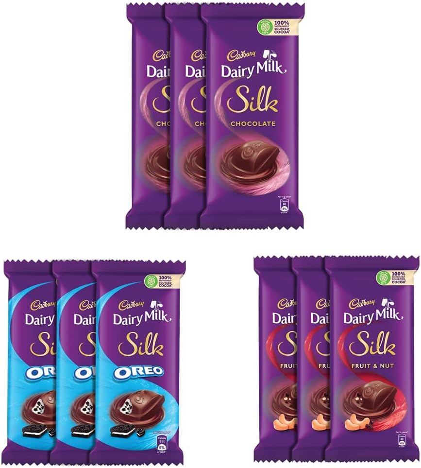 Cadbury Dairy Milk Silk Chocolate Bar, 150 Gram (Pack Of 3) & Dairy Milk Silk Oreo Chocolate Bar, 130 Gram (Pack Of 3) & Dairy Milk Silk Fruit & Nut Chocolate Bar, 137 Gram (Pack Of 3)