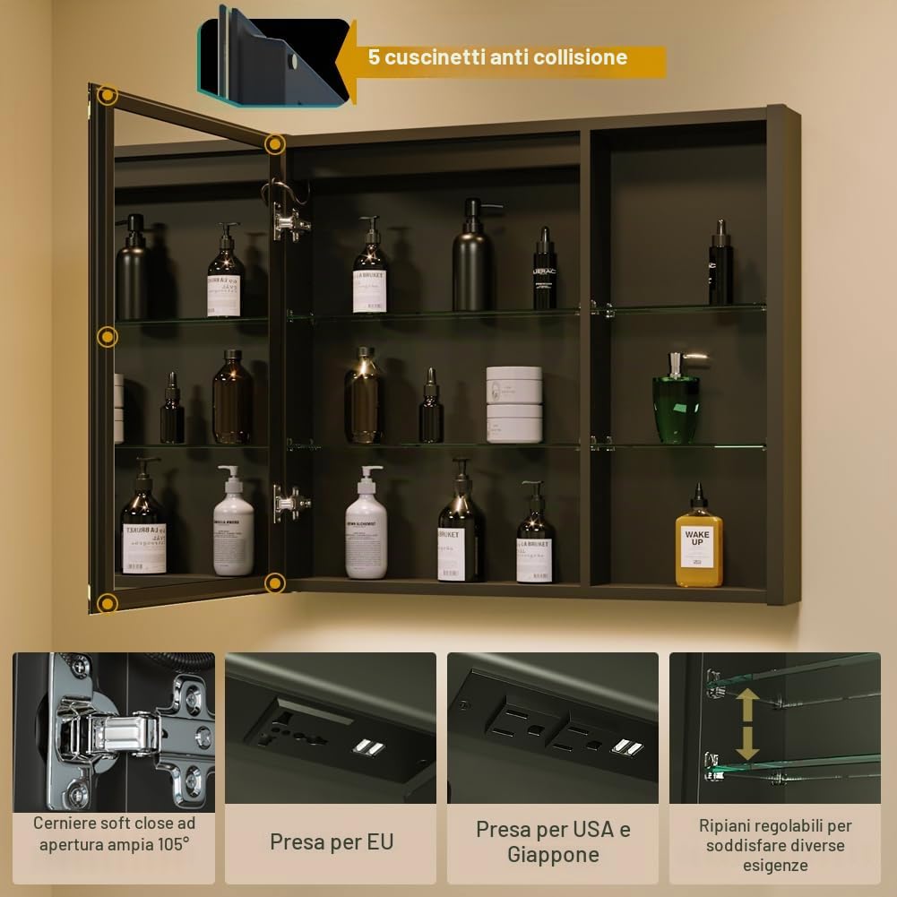 KWW LED Illuminato Bagno Medicine Cabinet con Specchio, Temperatura di Colore Regolabile, Luci Dimmabili Anti-Nebbia, Outlet & USBs, Armadio Medico Montato A Parete (75.2_x_70_cm)