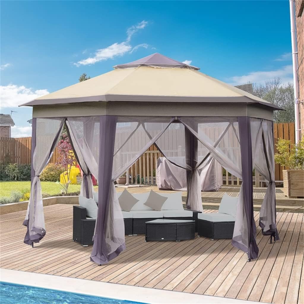 13' Patio Gazebo Steel Fabric Hexagonal with Mesh Sidewalls - Coffee and Beige