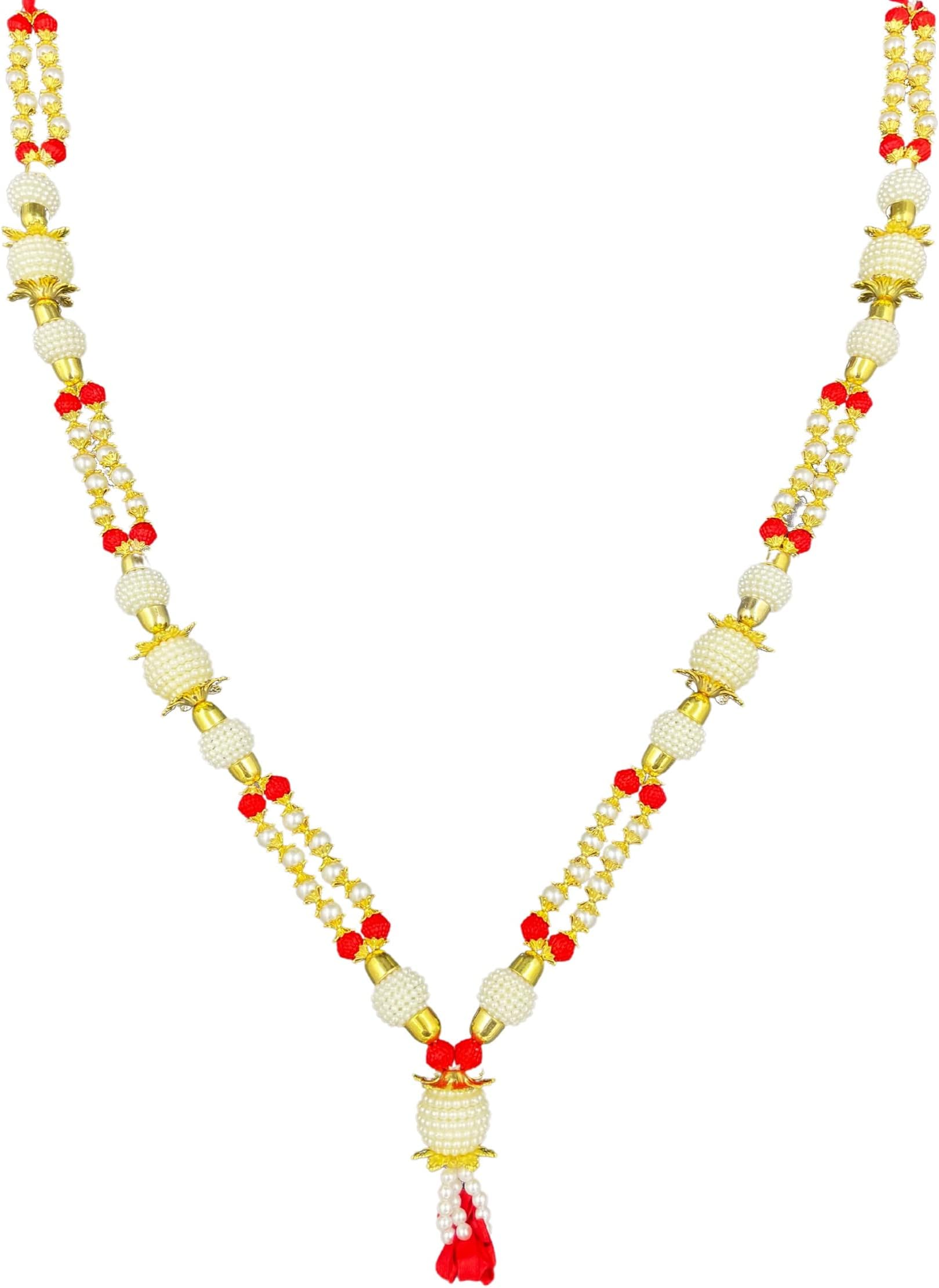 Bhakti Lehar (Size: 20 Inch) Red Golden Artificial Pearl Moti Stone Beads Mala Garland for Photo Frame, God Idols and Loved Ones
