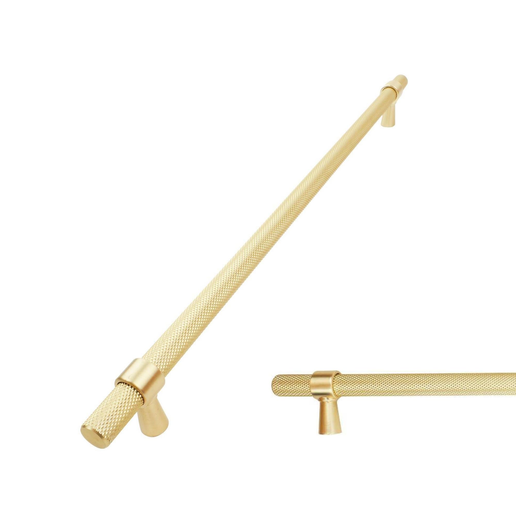 keypak 10 Pack Brushed Brass Knurled Kitchen Cupboard Handles, 320mm Hole Centres, Aluminium T-Bar Pulls for Cabinet, Wardrobe Doors, Chest of Drawers