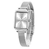 Women Mesh Watches Dress Waterproof Rectangular Small Wrist Watch Luxury Diamond Silver Mesh Bracelet Stainless Steel Analog Quartz Square Ladies Watches Small Face, Adjustable Band