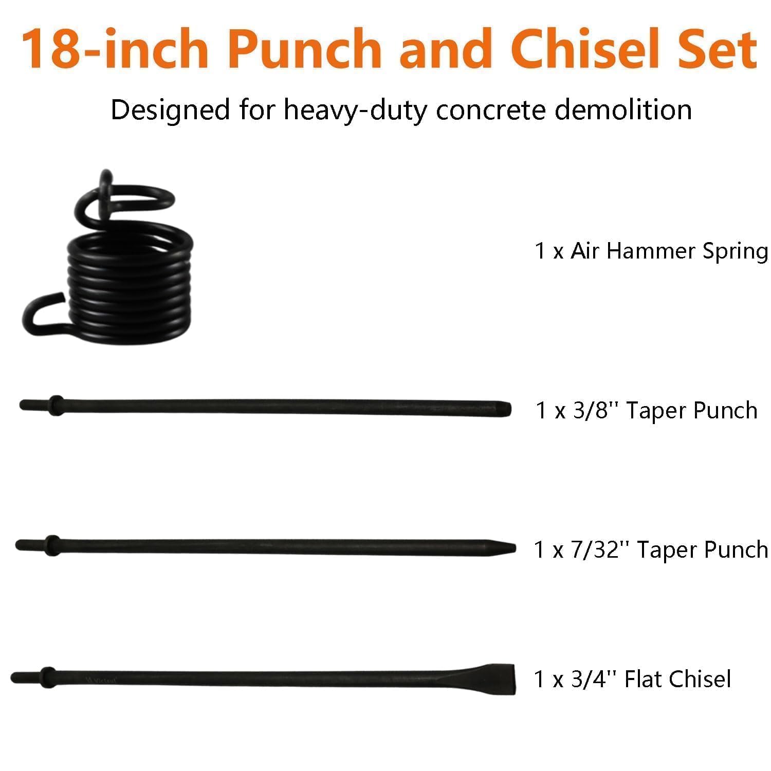 Victeut Pneumatic Punch And Cold Chisel 18'' Long 3-Piece Set, 7/32'' Point Tip, 3/8'' Point Tip, 3/4'' Flat Chisel, 42Cr-Mo, HRC60 Hardness Rating, Rolled Rust-resistant Oil Treatment Air Hammer Bits - View #5