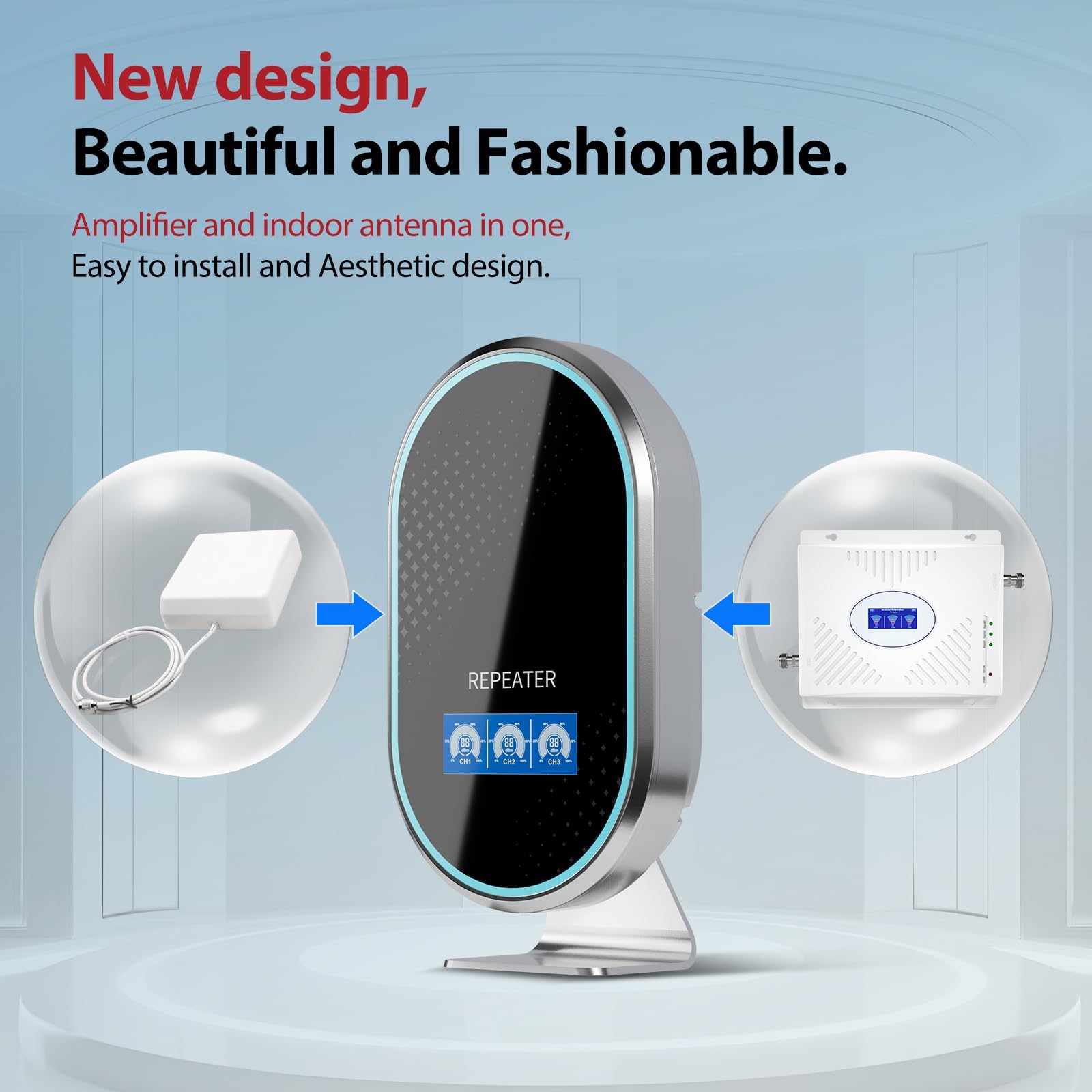 Amplificador de Cobertura Movil Nuevo Diseño Banda 8/3/1 900 1800 2100MHz Amplificador 4G LTE 3G gsm Compatible con Simiyo/Orange/Yoigo/LEBARA Antena de Interior y Amplificador Todo en uno