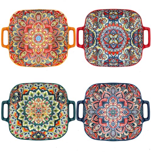 YELLOYA Ceramic Salad Plates with Double Handle 9.2in Set of 4, Colorful Plates Set for Appetizer, Cereal, Oatmeal, Dessert, Pasta, Ice Cream, Dishwasher and Microwave & Oven Safe - Colorful