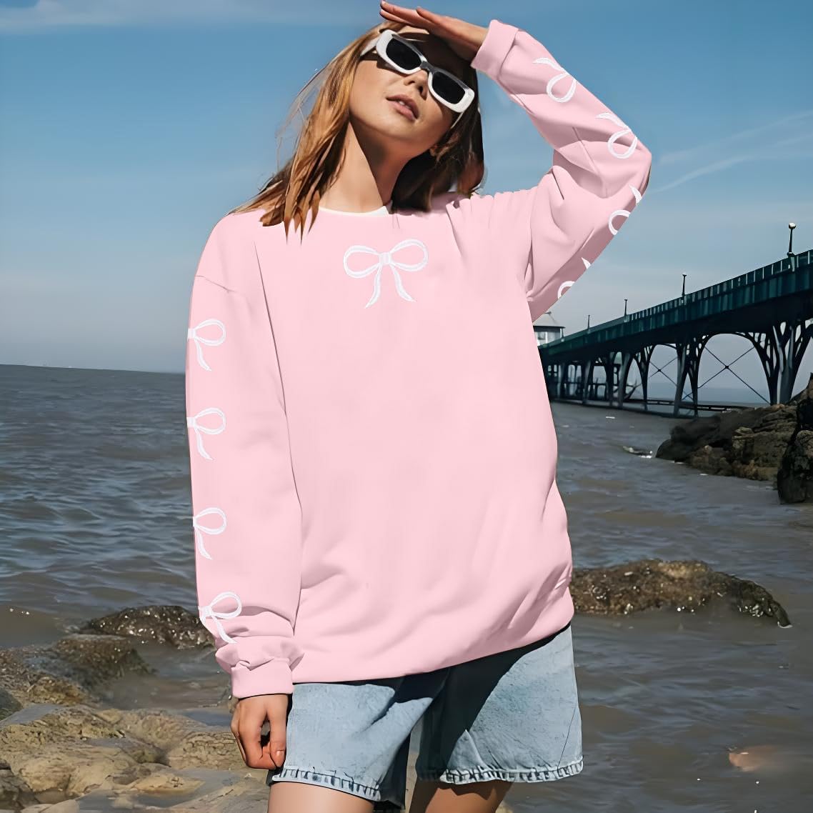 ASTANFY Oversized Bow Sweatshirt Cute Clean Girl Embroidered Sweatshirts Coquette Preppy Sweater Y2k Long Sleeve Pullover Top - Image 5
