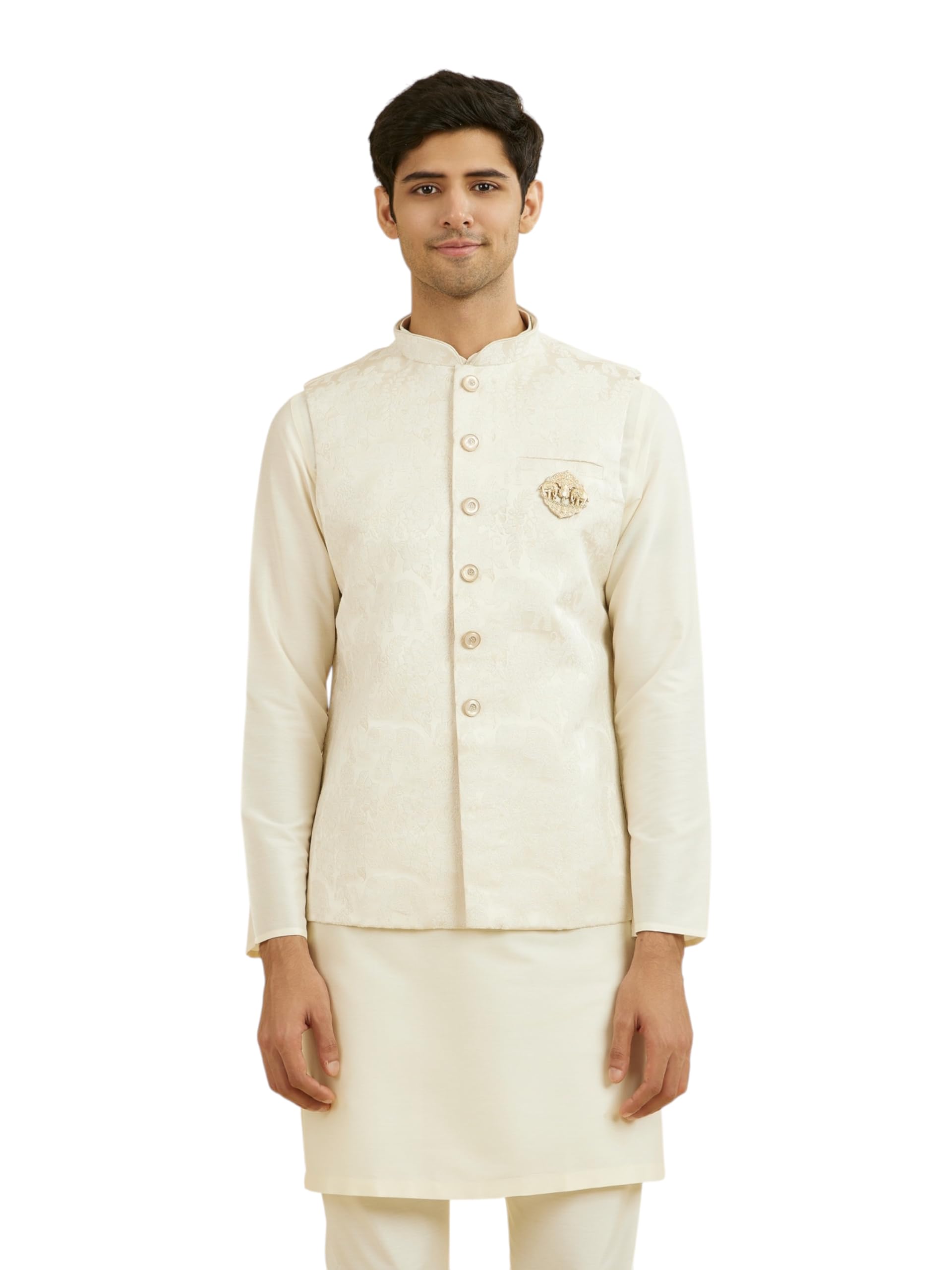 manyavar Men's Brocade Self-Design Sleeveless Nehru Jacket (1pc)-picture-36