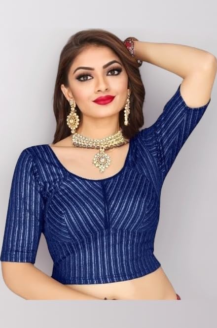 Jacquard Striped Stretchable Fit & Comfhy Round Neck Half Sleeve Readymade Saree Blouse Stylish Crop Top Choli for Girls & Women