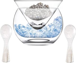 Glass Caviar Chiller Server Set and 2 Pieces Caviar Spoons Spoon Mother of Pearl Caviar Spoons