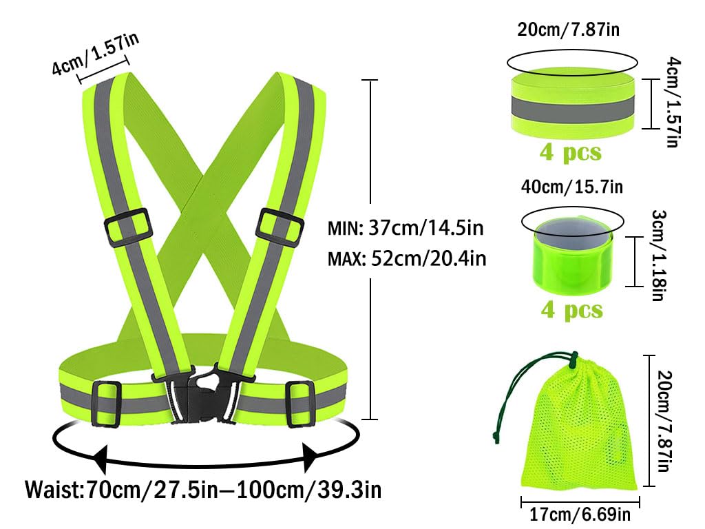 Gilet Catarifrangente Regolabile ad Alta Visibilità con Braccialetti Riflettenti, per Corsa Ciclismo Attività all'Aperto