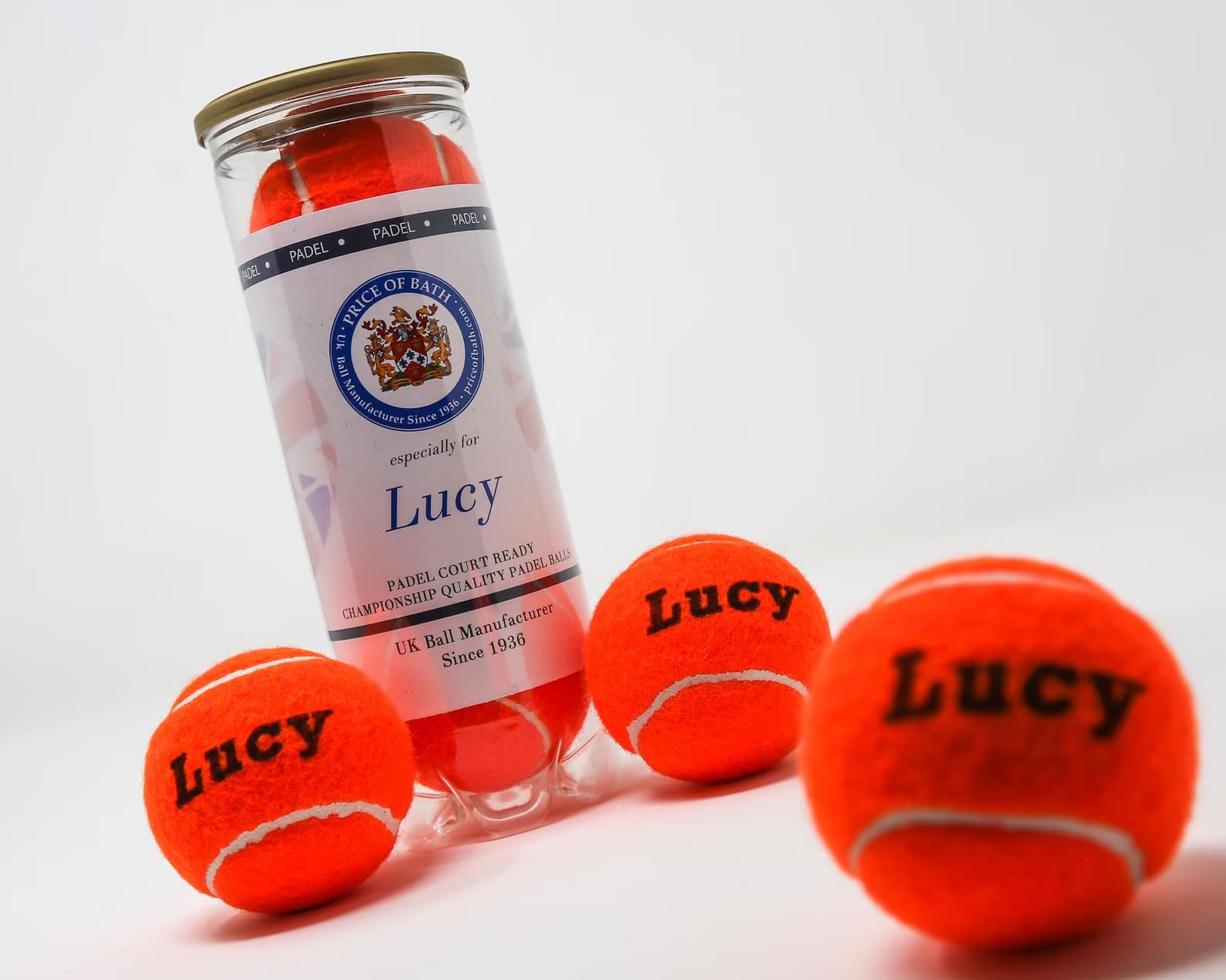 3 Pelotas de Pádel Personalizadas en un Tubo Etiquetado | ¡Imprime un Texto Personalizado! | Amarillo, Rojo, Verde, Rosa y Naranja | Fabricadas en el Reino Unido | FIP Standard |