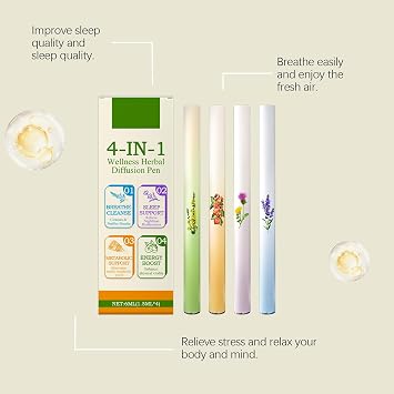 Aromatherapy Inhaler Stick, 4Pcs Portable Diffuser Pen for Stress Relief & Breathing Aid, Smoke-Free Oral Freshener, Vaporless Fum Inhaler for Home, Office, Travel