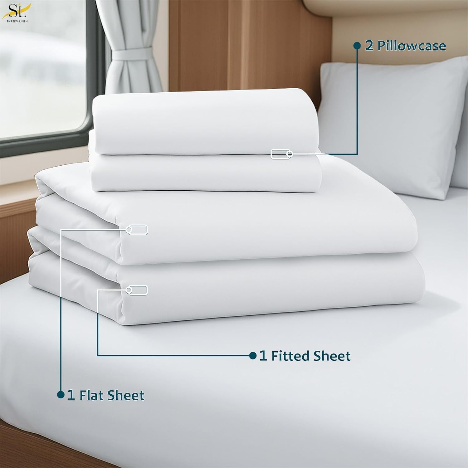 Shreem Linen Luxury 4 Piece Microfiber RV Sheet Set, Deep Pocket Fits Up to 10 inch, Soft, Wrinkle-Resistant, Camper, Travel Trailer Bedding, 3/4 Full Bunk 48x75, White