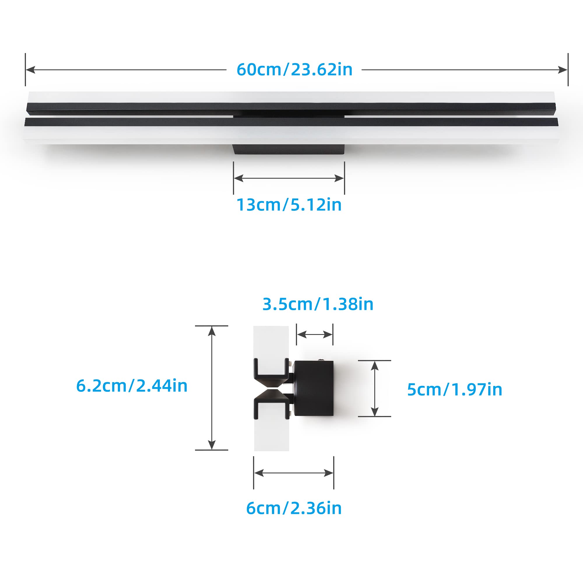MantoLite LED Lámparas de Pared para Cuadros y Expositores, 60CM 24W Superbrillantes Iluminación para Tocador Interior Luz de Espejo Negro Mate IP44 6000K Aplique de Pared Baño Luz de Cuadro