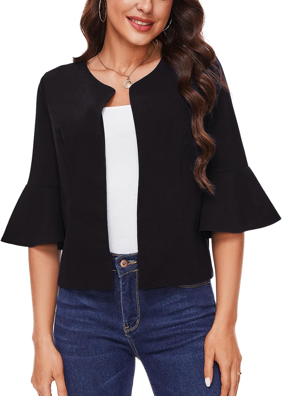 MINTLIMIT Cropped Blazer for Women Casual Elegant Open Front Blazer Flared 3/4 Sleeve Tailored Cardigan Suit Jacket - Image 4