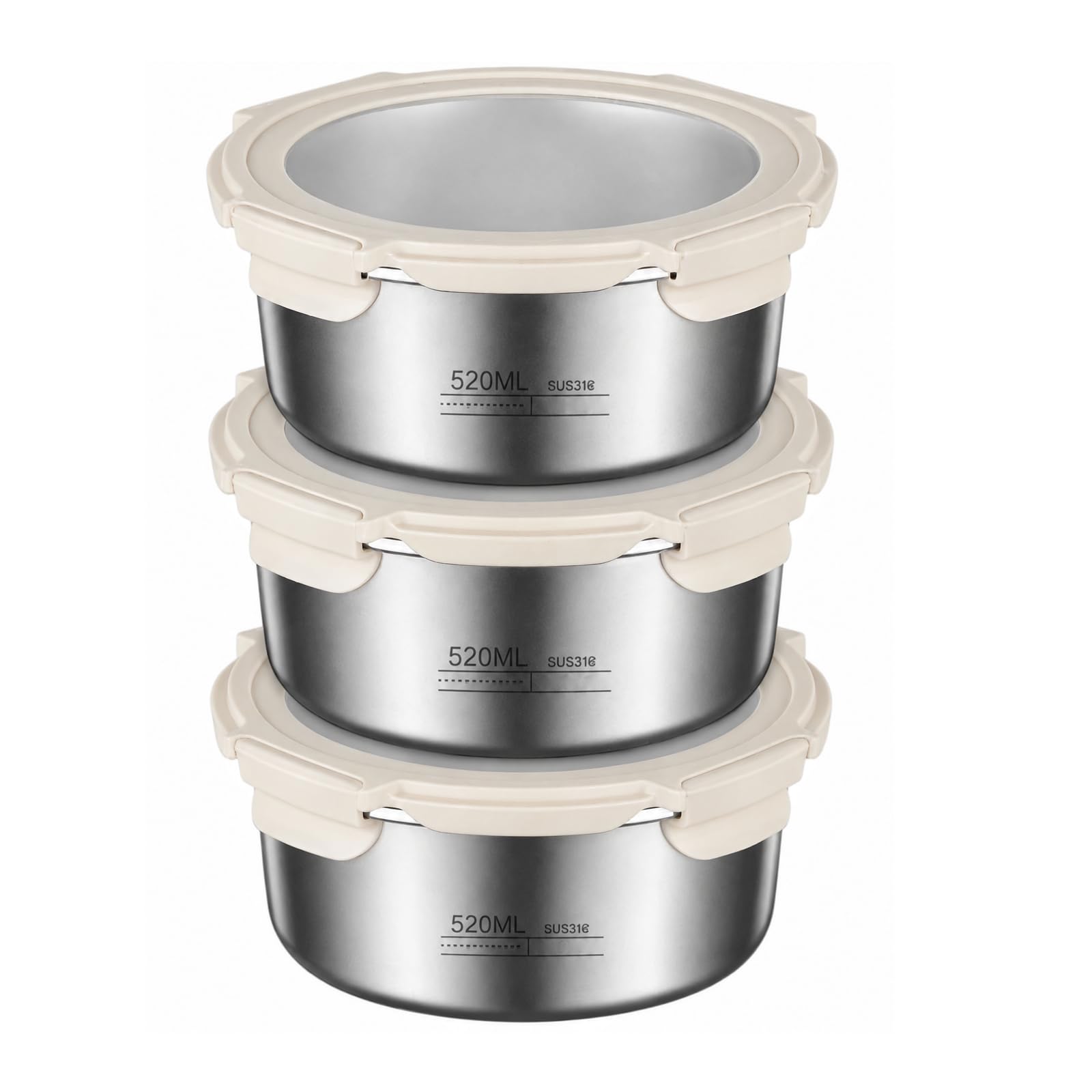 CECOMBINE 3Pack Stainless Steel Food Storage Containers with Lids - Stackable Metal Prep Food Containers, Reusable Round Metal Bento Lunch Box for Kitchen, Office, Bento, Snacks, Pantry (520ml)