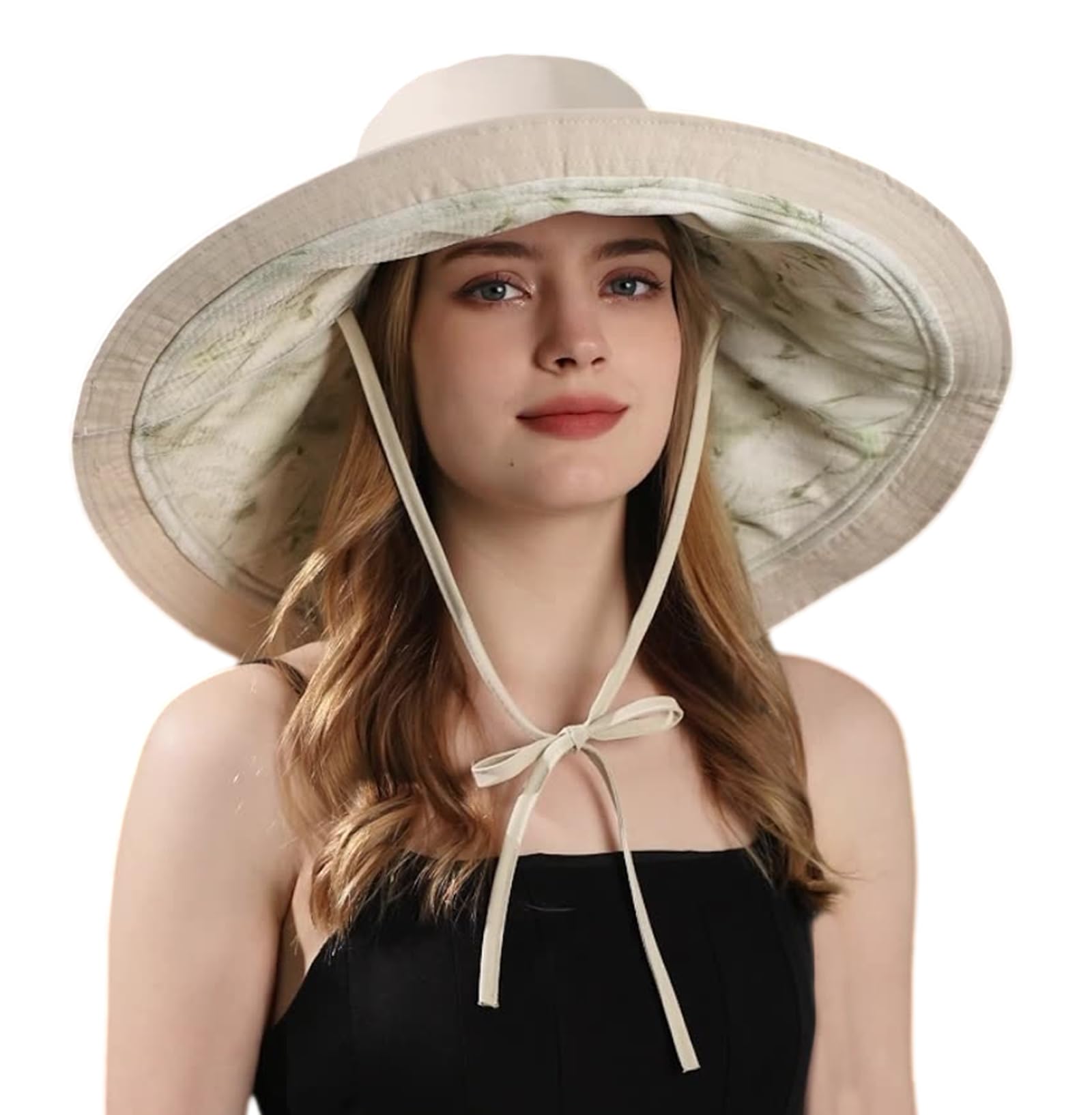 Packable Extra Large Brim Floppy Sun Hat Reversible UPF 50+ Beach Sun Bucket Hat, B-beige, One Size