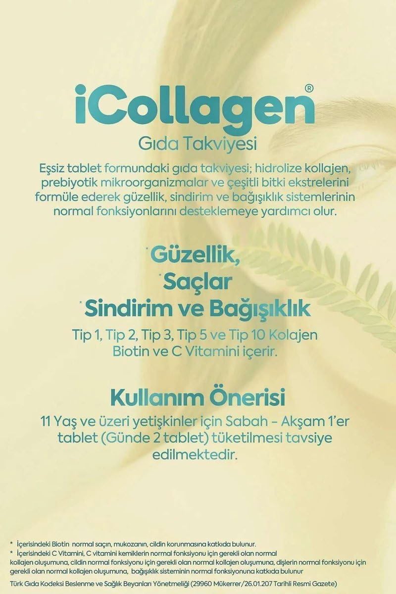 icollagen 5 Tip Kolajen Tablet Prebiyotik Desteği ile Sindirim Sistemine Yardımcı 3x60 Tablet