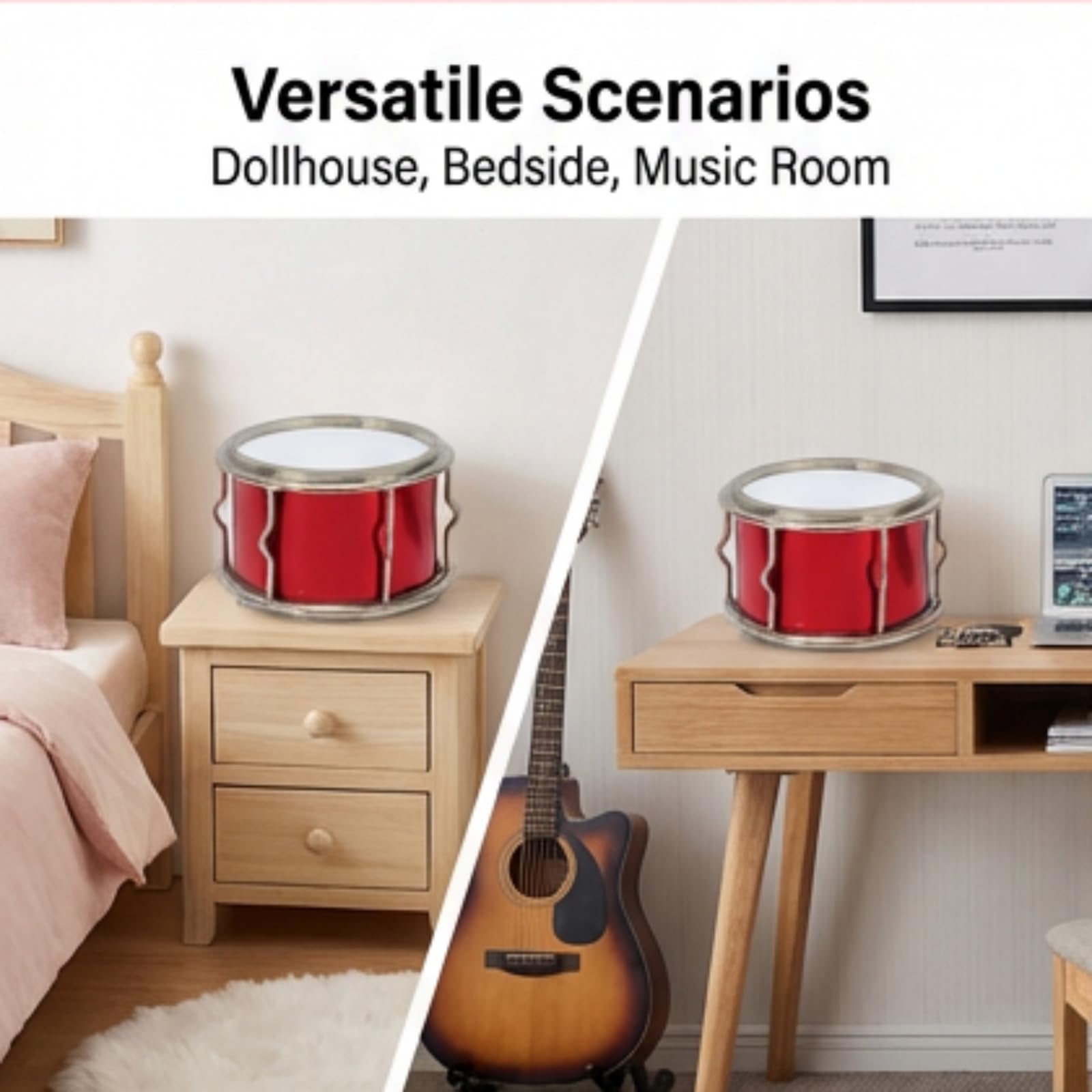 Pilipane Miniatur Snaredrums mit Kasten, Zartes und Realistisches Aussehen, Kleine Musikinstrumente aus Kupfer, Puppenhaus Musikinstrumente Modell für Bücherregal, Schreibtisch, Nachttisch