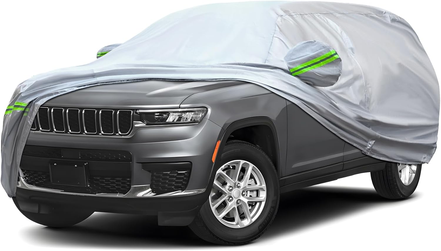 KEYOOG 6-Layer Full Car Cover is All-Weather Waterproof, Universal in All Seasons, Snow Prevention, Rainproof, Acid Rainproof, Sunscreen, Ultraviolet-Proof, Fit SUV and MPV 201-211"/16.7-17.5 ft Green reflective strip 14/ S-XL For SUVs-Length ( 201"-211"