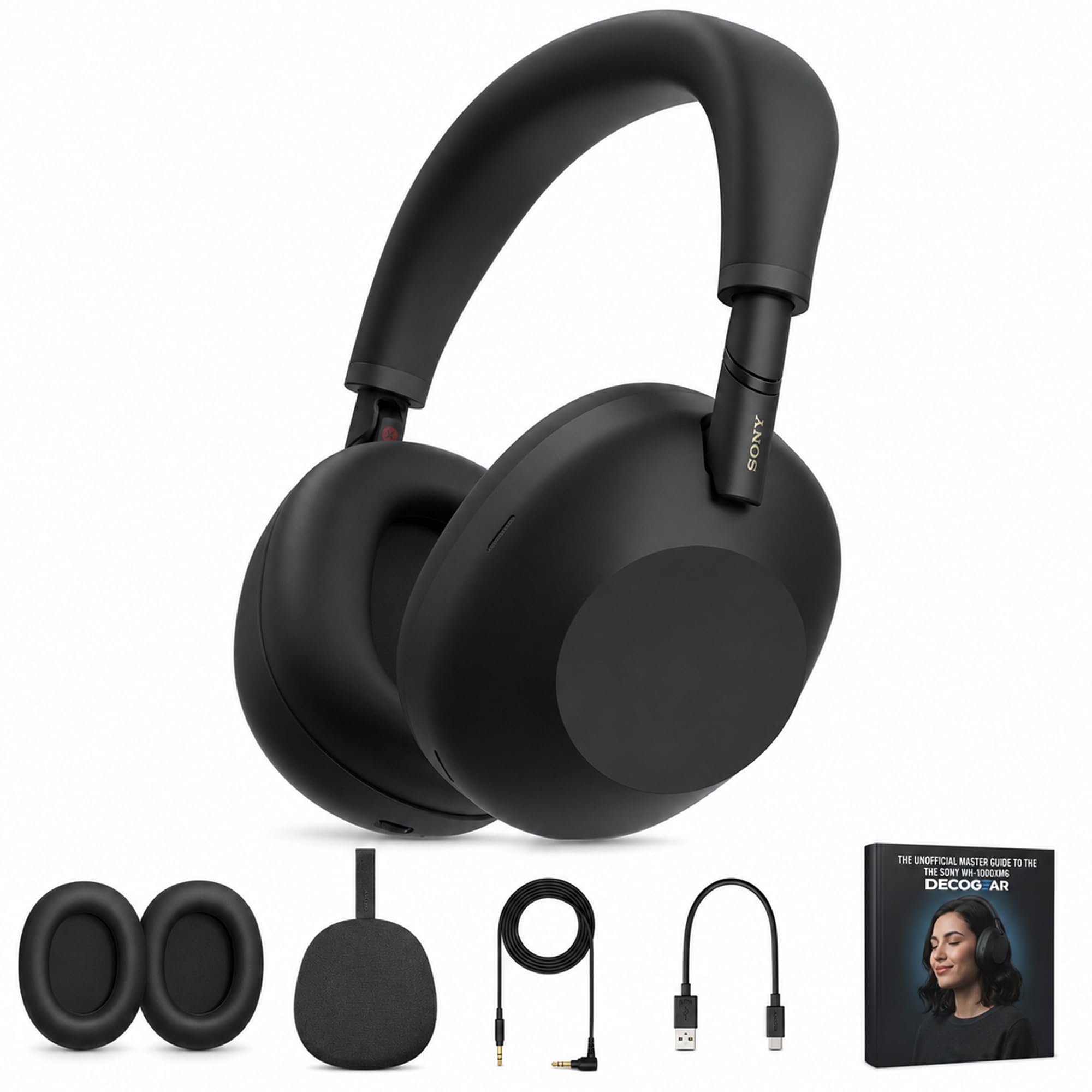 Sony WH1000XM6/B Best Wireless Noise Canceling Headphones, Black Bundle with Deco Essentials Headphones Ear Pads Replacement Headset Ear Cushions and Deco Gear Unofficial Master Guide