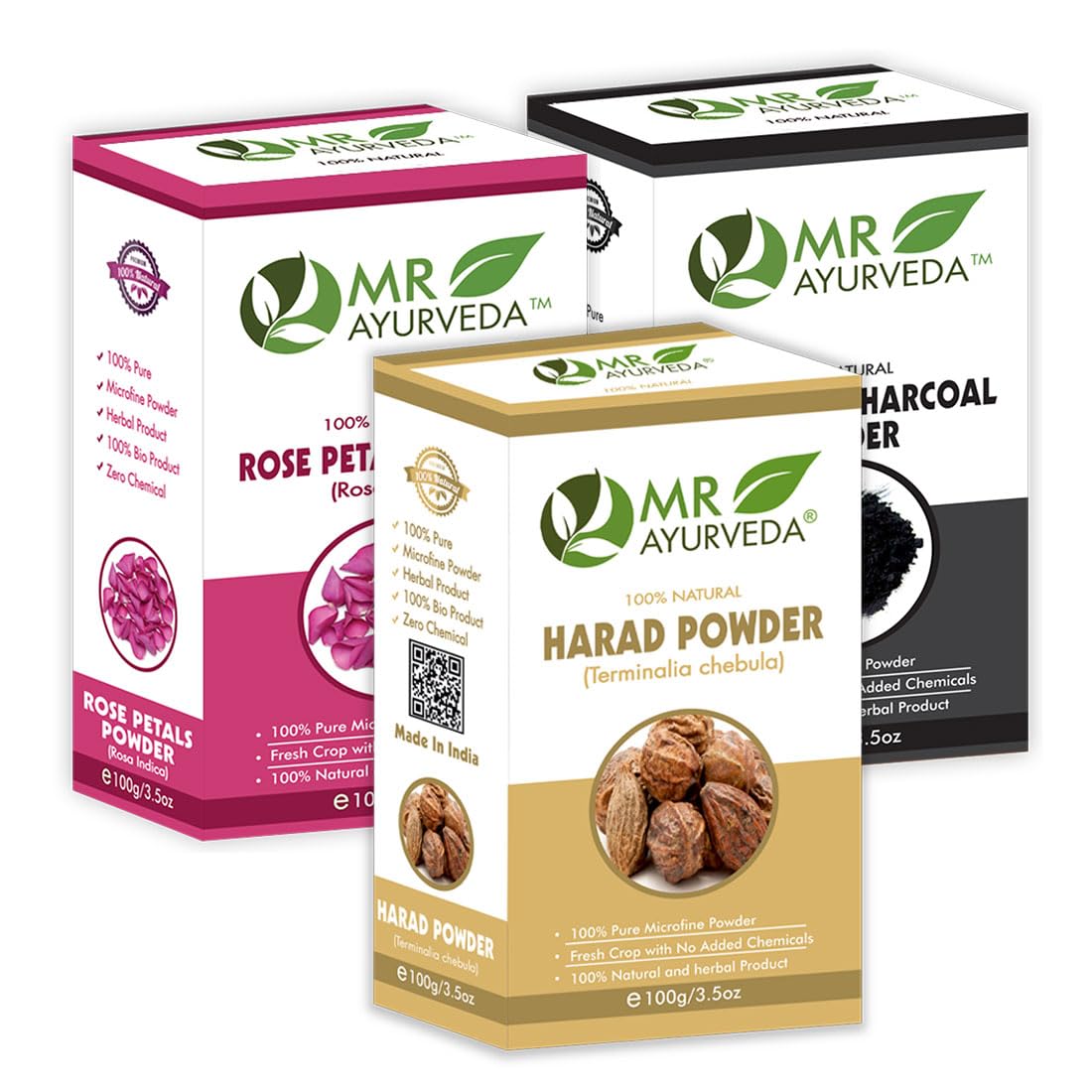 MR Ayurveda Harad Powder, Rose Petals Powder and Activated Charcoal Powder - Set of 3 (300 Grams)-image-12
