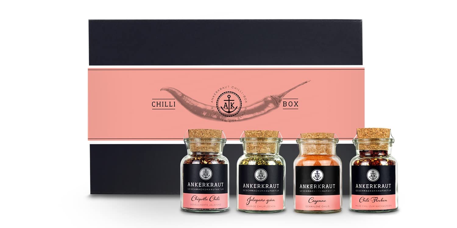 Ankerkraut Geschenk-Set Chili mit Chipotle, Chili Flocken, Grüne Jalapeño und Cayennepfeffer im Korkenglas, Gewürze in Deluxe-Box