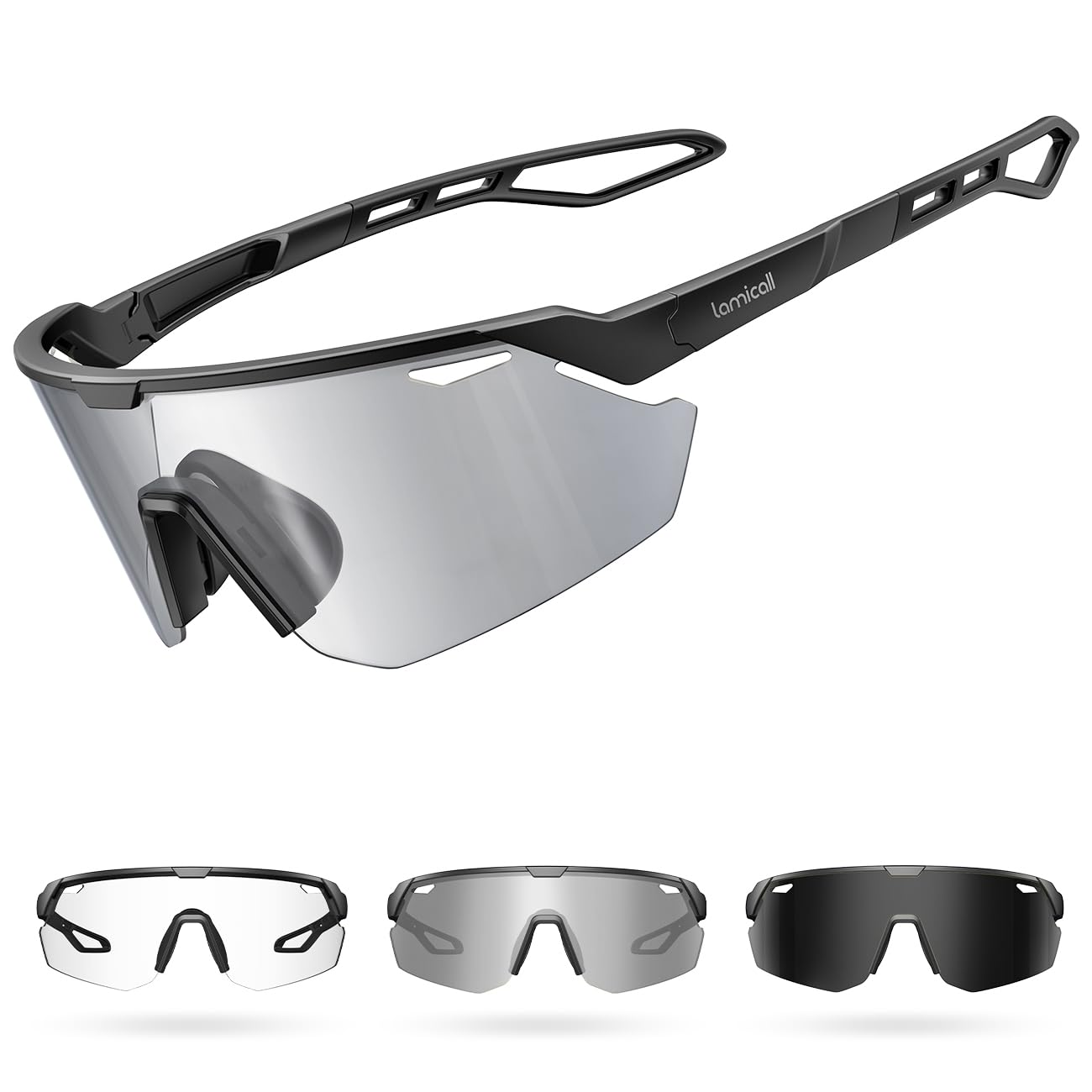 Lamicall Lunettes de Cyclisme Photochromiques, [3S Photochromic] [28g Ultra-Légère-TR90] Protection UV400, Plaquette de Nez Réglable, Lunettes de Soleil de Sport Homme Femme pour Pêche/Sports Outdoor