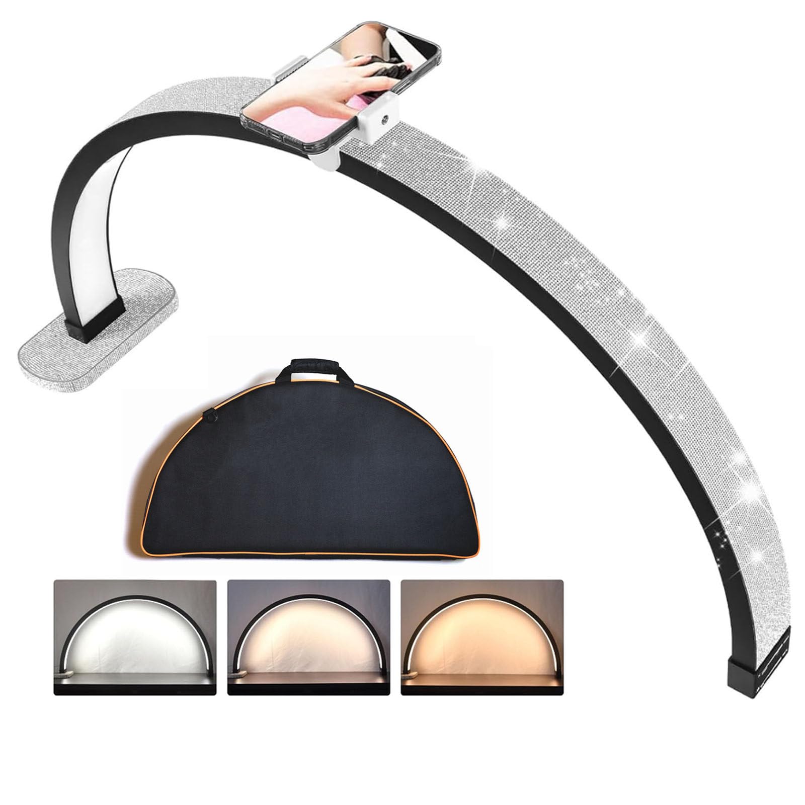 emobwdy Half Moon Light for Nail Desk,Half Moon Lamp w/Phone Holder/storage bag/Touch adjustment, Large 40W Led Lash Light for Nails, Eyelash Extensions, Makeup,Spa, Desk Lamp for Nail Tech,Black
