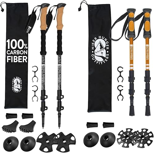 Bastones de senderismo plegables ligeros para niños (naranja) y de fibra de carbono de aluminio con agarres de corcho (negro) con cierres abatibles,