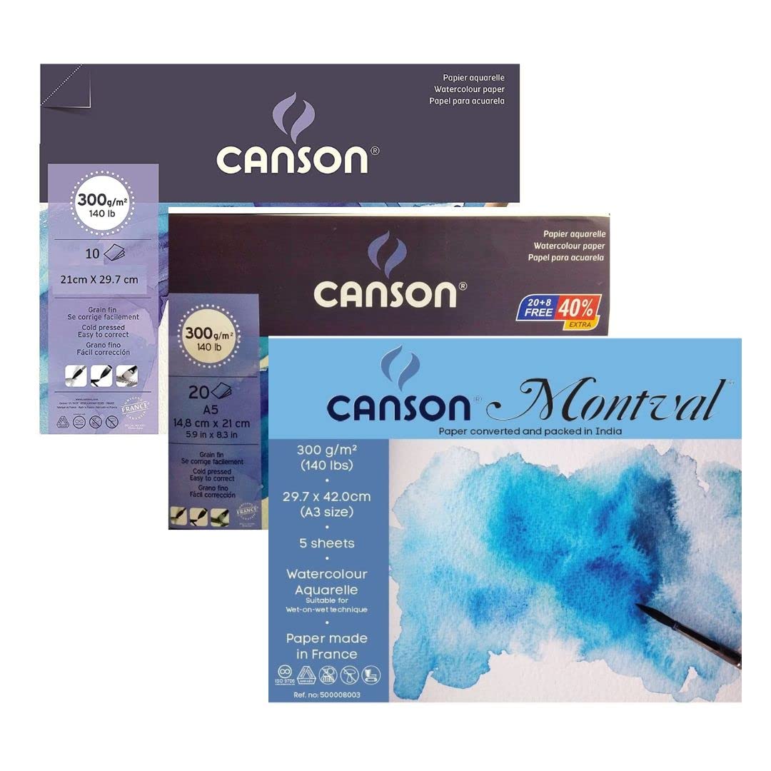Canson Montval 300 GSM Watercolor Paper Sheets Combo Pack | Fine Grain Cold Pressed Watercolour Paper | Ideal for Studets & Artists | 5 A3 Sheets + 10 A4 Sheets + 20 A5 Sheets (B0BHJ5KRY6) Amazon Price History, Amazon Price Tracker