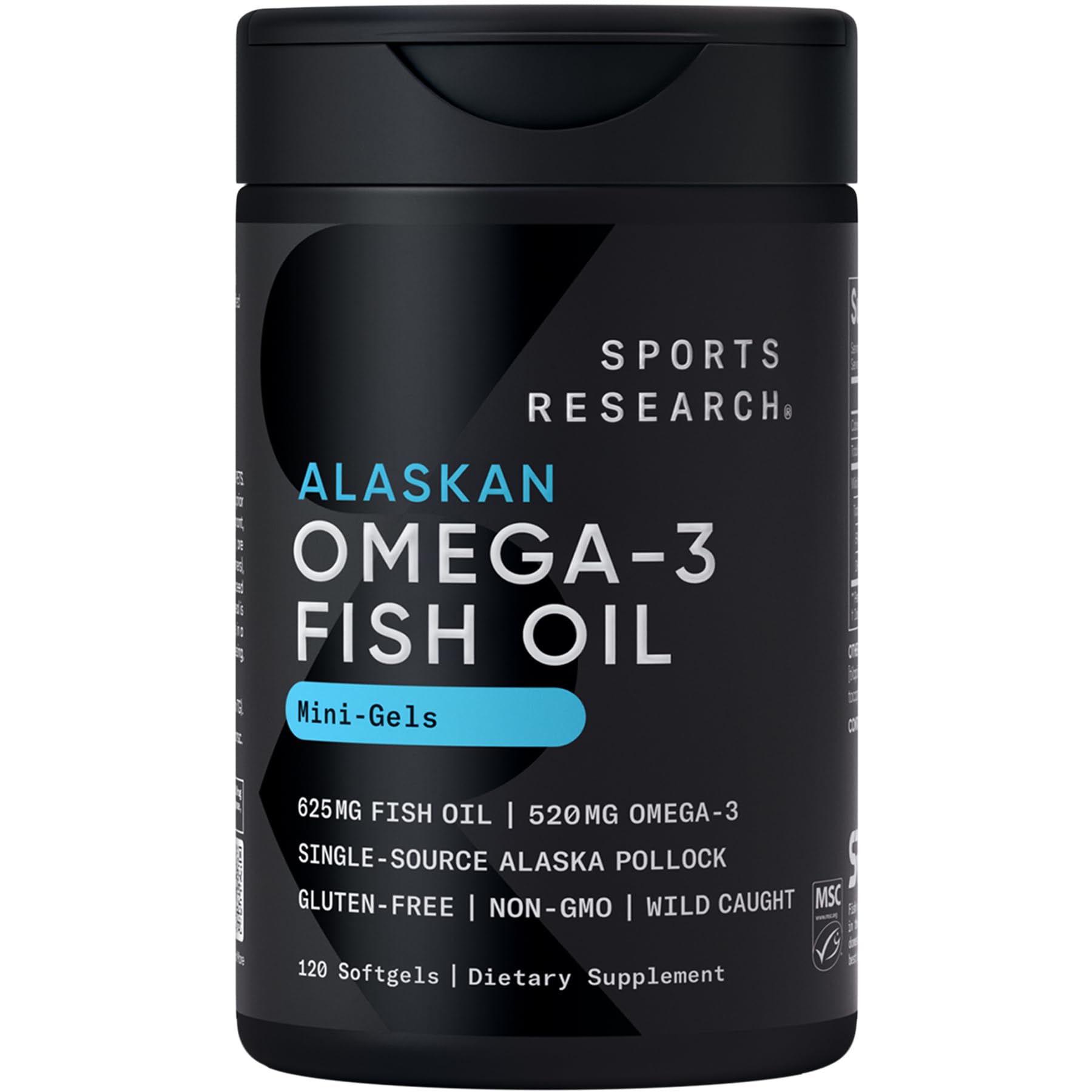 Sports Research® Omega-3 Fish Oil Mini-Softgels - Sourced from Wild Caught Alaska Pollock - Burpless, Bovine Free, Non-GMO, & MSC Certified Sustainable - 120 Count