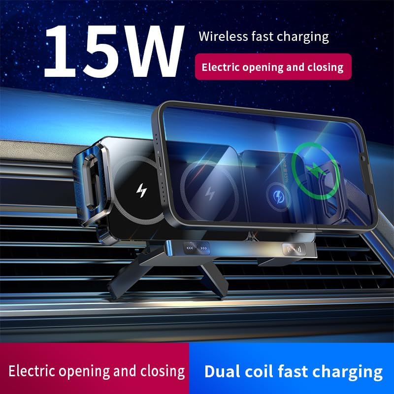 15W Wireless Car Charger,Fast Charging Holder Phone Mount Auto Clamping Car Accessories Compatible with iPhone an Huawei,Compatible for Foldable Dual Screen Mobile Phone