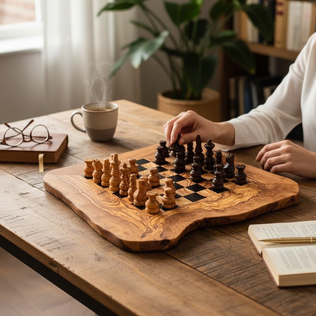 Handcrafted Olive Wood Chess Set with Unique Organic Shape, Elegant Decorative Chessboard with Intricate Carved Pieces for Chess Enthusiasts (33x33cm - Playing area 20x20cm, Black)