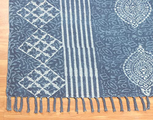 Tapis géométrique bleu indigo en coton idéal pour salon cosy - 7