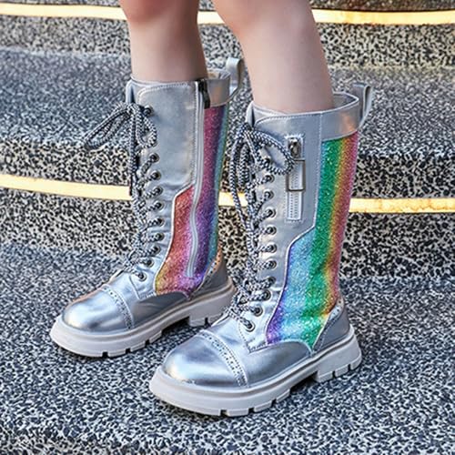 Girl's Glitter Riding Boots Knee High Combat Boots Lace Up Side Zip Tall Military Boots for Toddler/Little Kid/Big Kid4