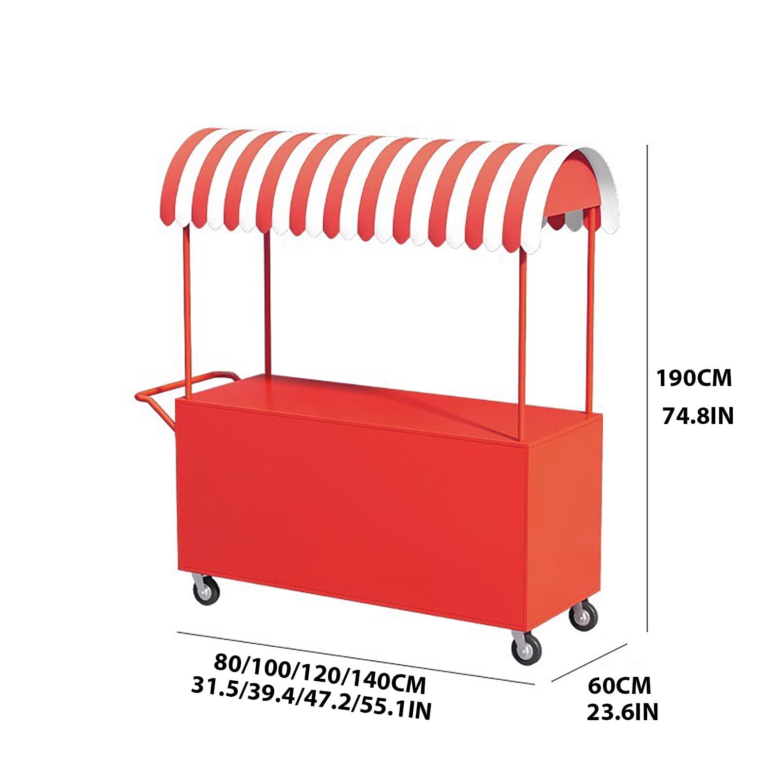 Wózek z kółkami w paski i konstrukcja z kutego żelaza – wózek z żywnością o dużej nośności, na targi uliczne, imprezy i sprzedaż na świeżym powietrzu (biały 100 x 60 cm x 190 cm)