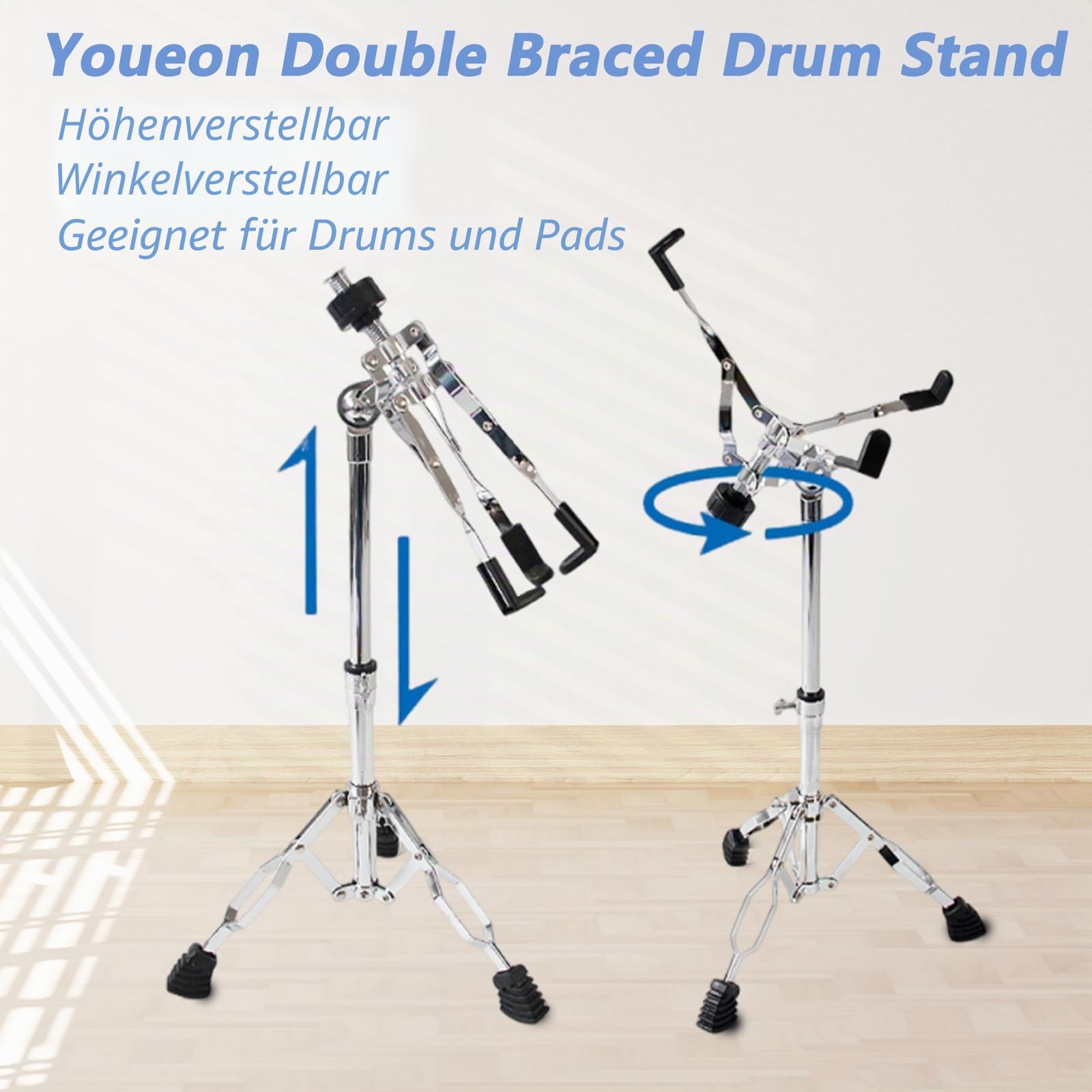 Youeon, Schnarrtrommelständer mit Halter für Schlagzeugstöcke, doppelt verstärkter Stativ-Schnarrtrommelständer, geeignet für Schnarrtrommeln von 25,4 cm bis 35,6 cm, Drum Pad, verstellbare Höhe von
