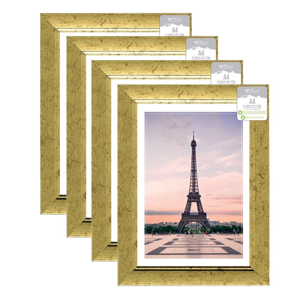M1SS (Set of 4 - A4 Gold Photo Frame Glass Front A4 Size Picture Frames Certificate Wood Effect Posters Portrait Landscape Wall Mountable Modern Picture Hang Hook Frame for Home Office Wall Décor