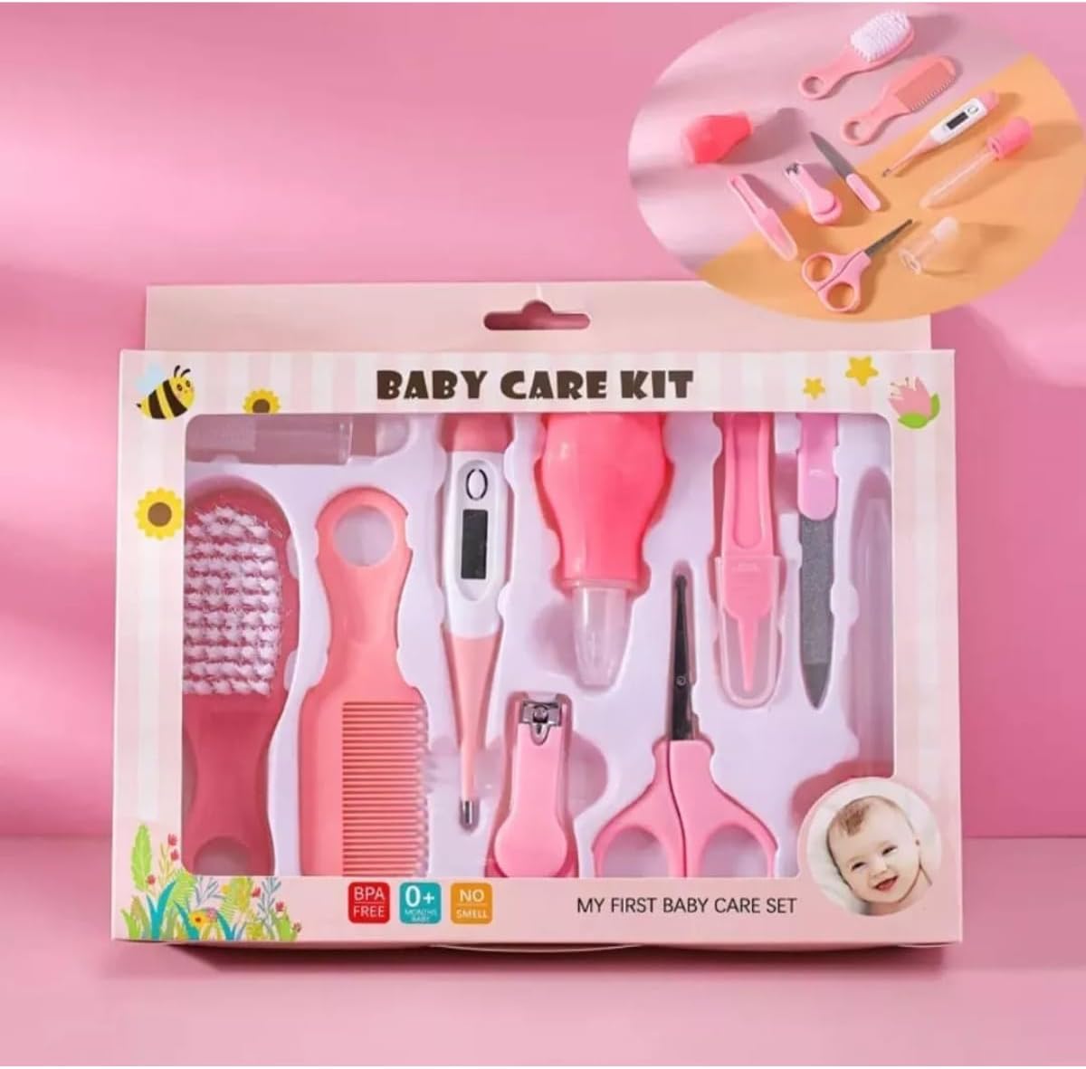 Kit Higiene Bebê Menina Cuidados Essenciais Rosa 10 Peças Lixa de Unha Cortador de Unha Escova de Cabelo Pente Termômetro Dedeira para Escovar Dente Conta-Gotas Sugador Nasal Pinça e Tesoura