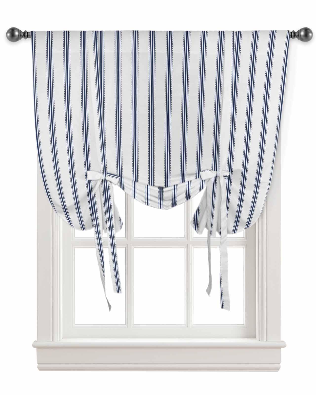 RisQiten Navy Blue Striped Tie Up Curtains for Windows, Balloon Window Shades, Navy Blue White Stripes Farmhouse Kitchen Window Treatments Roll Up