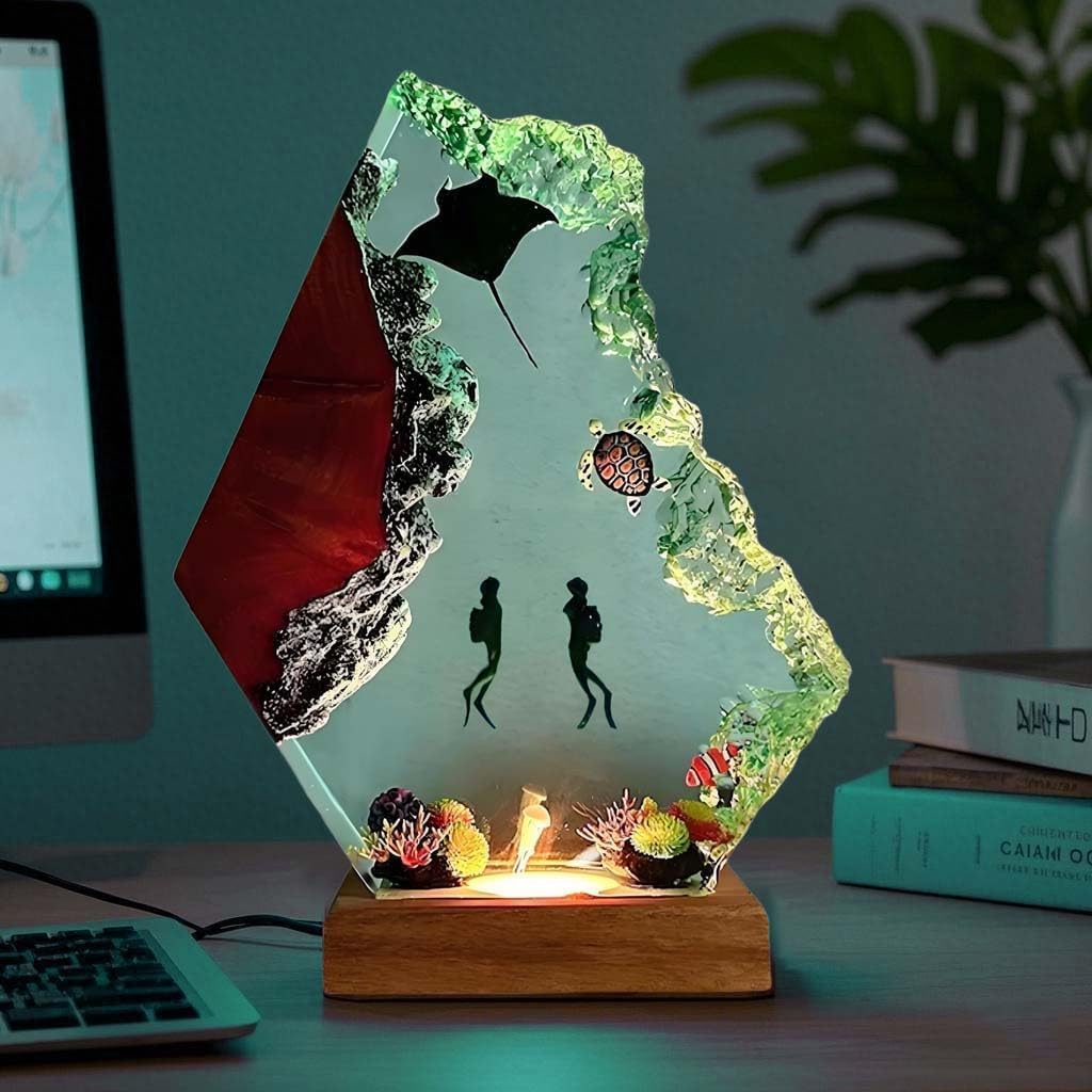 Handmade 3D Ocean Resin Lamp - USB Powered Resin Ocean Night Light with Wooden Base, Variable Lights, Scuba Diver Gifts, Diving Enthusiast Collectibles, Unique Birthday Holiday Gifts for Men & Women - Image 9