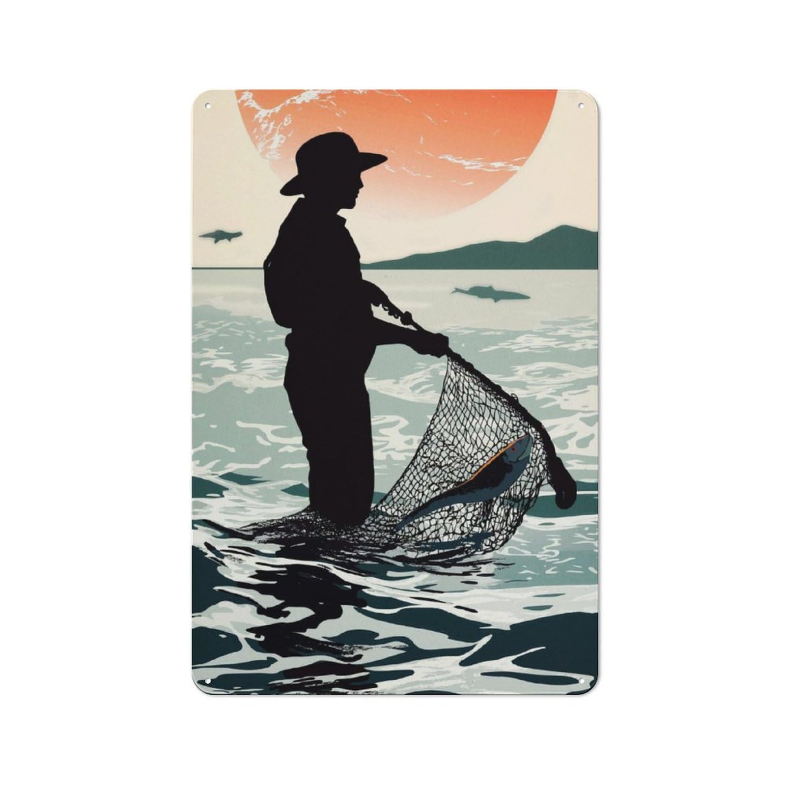 Junmoney Silhouette Fisherman With Catch Tin Wall Plaque 30X20cm With For Guest Room Or Hallway, For Metal Sign Collectors, For Garage And Workshop Walls