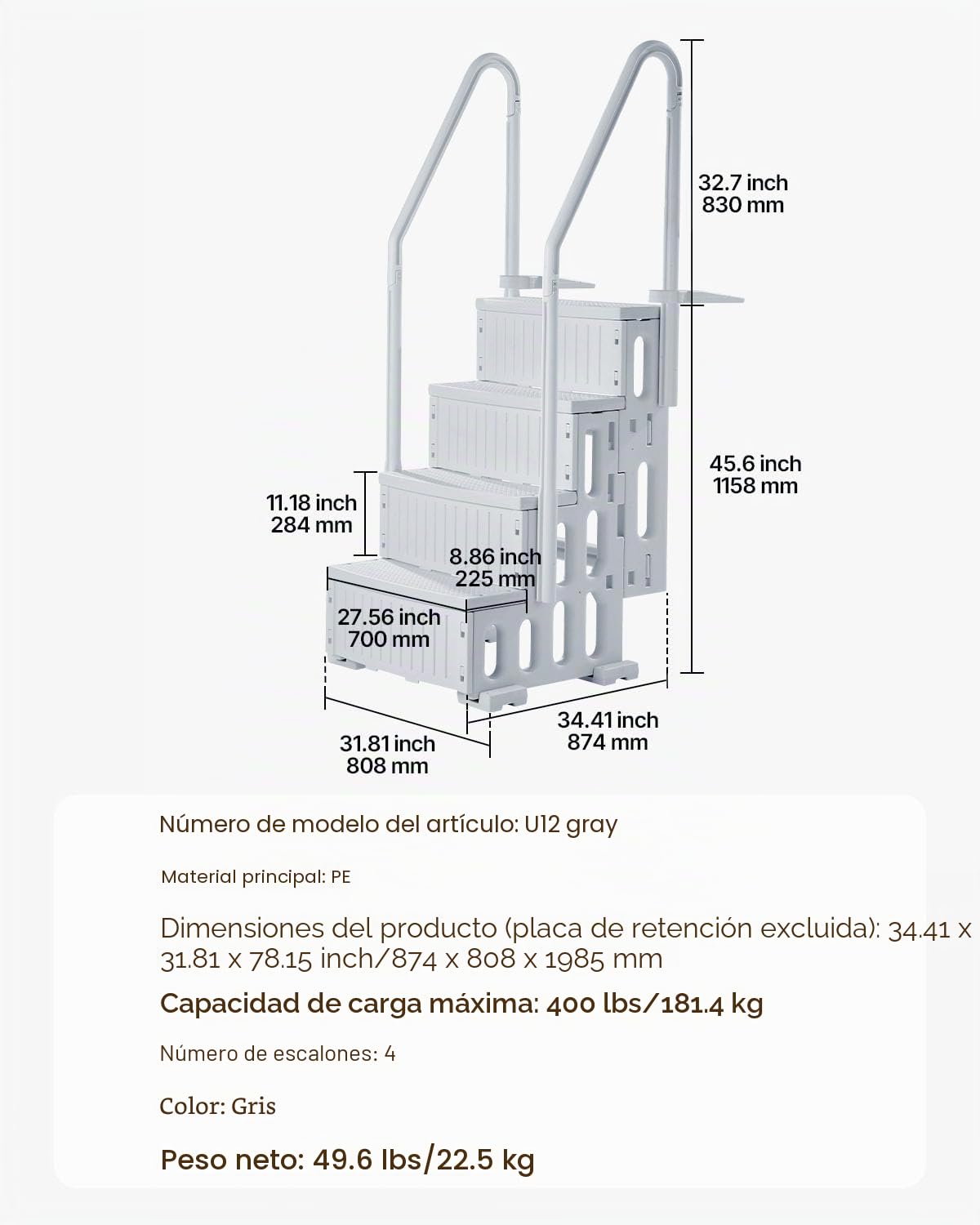 VEVOR Escalera para Piscina, 4 Escalones con Pasamanos Dobles y Escalones Antideslizantes, Carga 181,4 kg, para Piscinas Enterradas y Elevadas con Superficie de Cubierta, Gris, 874 x 808 x 1985 mm