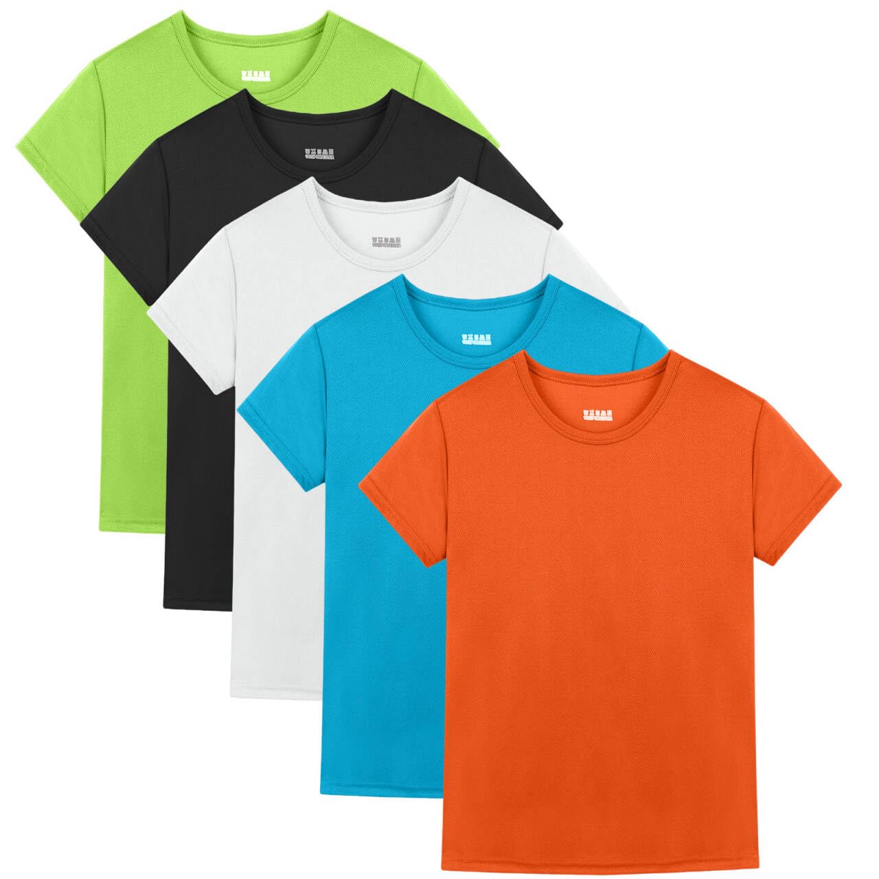 Paquete de 5 camisetas de secado rápido para niños/adolescentes de malla que absorben la humedad y rendimiento atlético activo (edad 4-18 años)