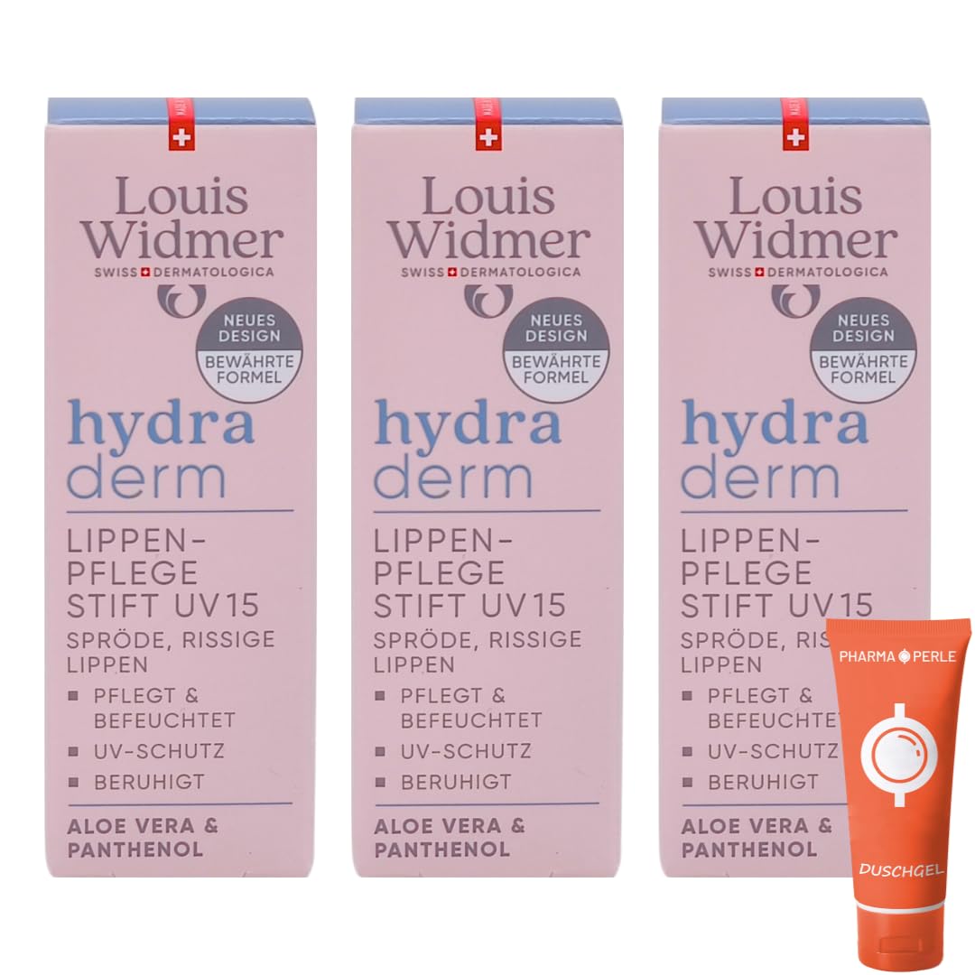 Louis Widmer hydraderm Lippenpflege Stift UV 15, 3x 4,5 ml I Beruhigende Pflege bei spröden Lippen I mit Aloe Vera, Panthenol & LSF 15 I vegan, ohne Mikroplastik I Spar-Set plus Pharma Perle give-away