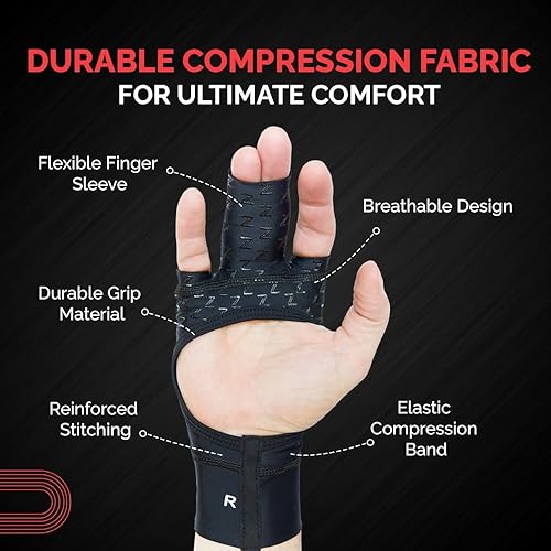 Miniatura 5 de Par de guantes de compresión alternativos de cinta de dedo medio, protección contra atasco de lesiones y soporte de agarre para BJJ y deportes negro