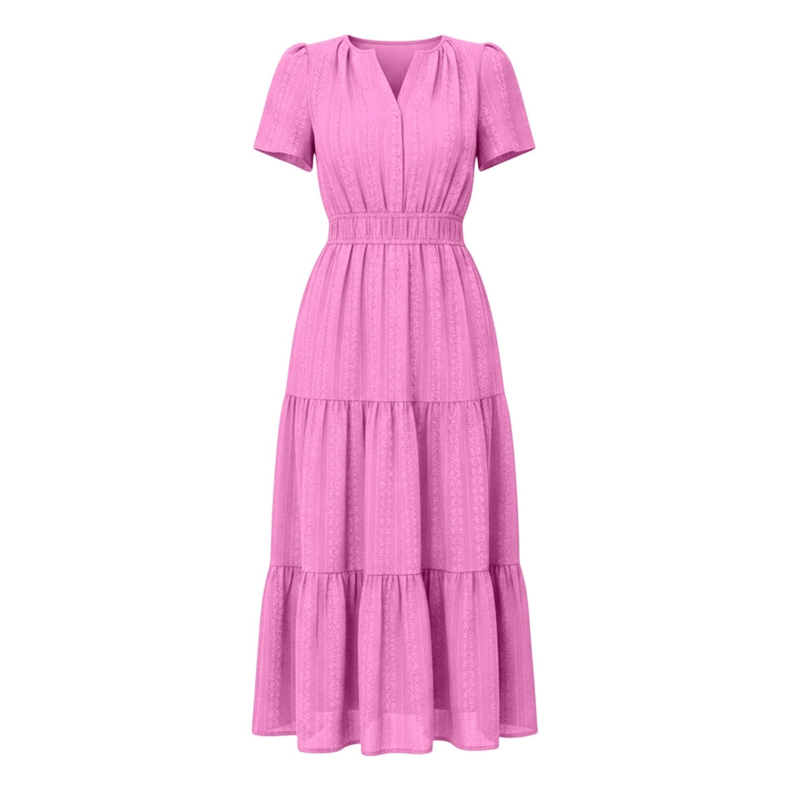 Vestido Casual de Verano Liso de Manga Corta con Elegante Escote y Bolsillos.