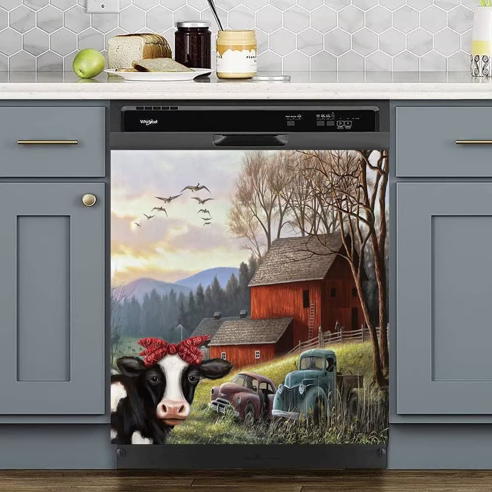 Beautiful Kitchen Decor Farm Cow Dishwasher Magnet Sticker, Funny Animal Refrigerator Magnetic Cover,Fridge Door Panels,Country Tree Truck Winter Spring Home Cabinet Appliances Decals 23Wx26H