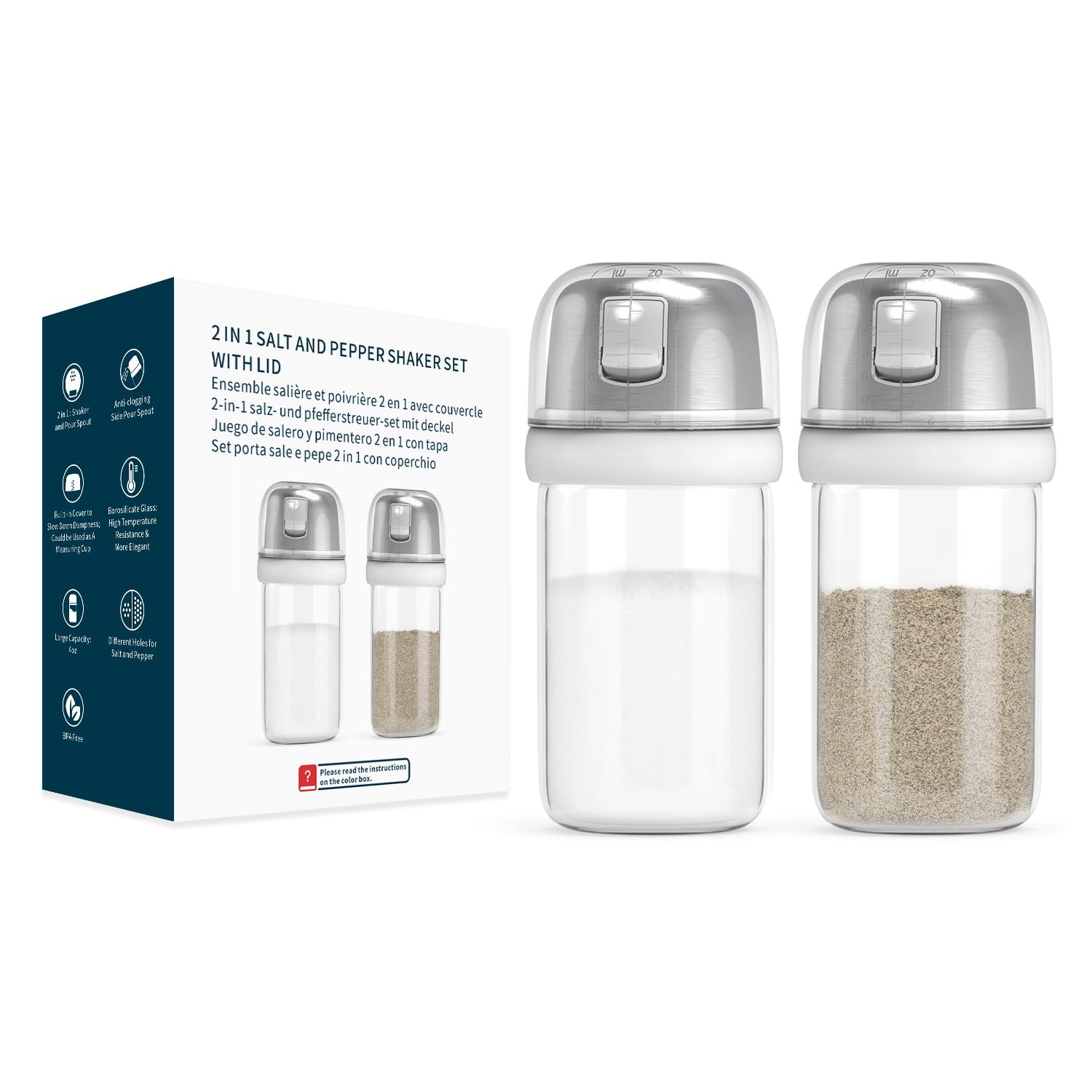 KTCHENDAO 2 in 1 Glas Salz und Pfefferstreuer mit seitlichem Ausgießer, Salzstreuer mit Deckel, Eingebauter Deckel zur Verlangsamung der Feuchtigkeit mit Messmarkierungen, BPA-frei, 4oz (weiß)